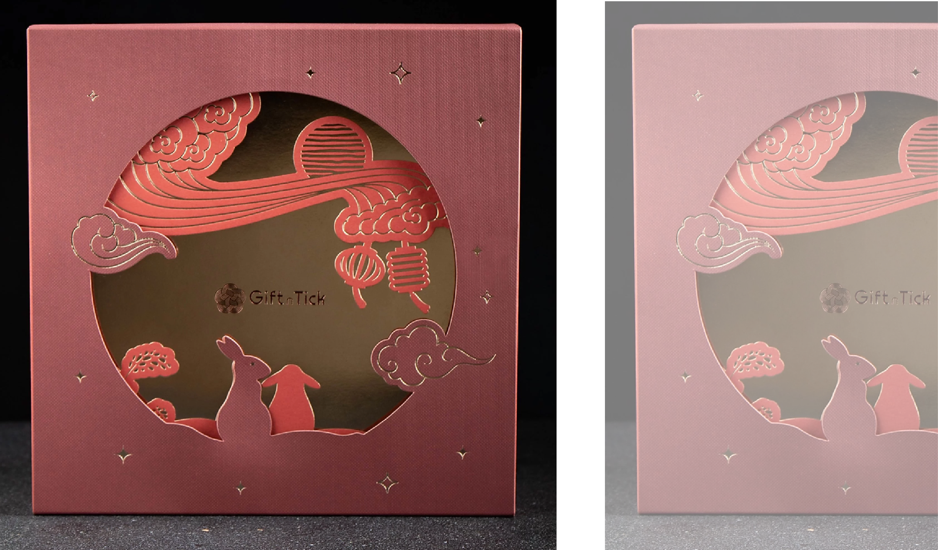 這是Gift n TicK定制的月餅禮盒的照片，禮盒為深紅色，表面有啞面壓紋增加質感，並有精緻的金色剪影插圖，包括兔子和傳統中國雲紋。