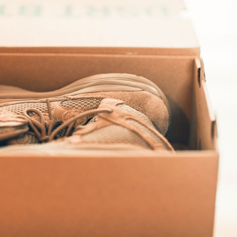 一個裝有一對鞋的牛皮紙鞋盒。