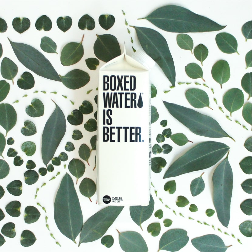 在佈滿了樹葉的白色枱上，擺放了一個牛奶盒的包裝，盒上印有"Boxed Water is Better"的字眼。