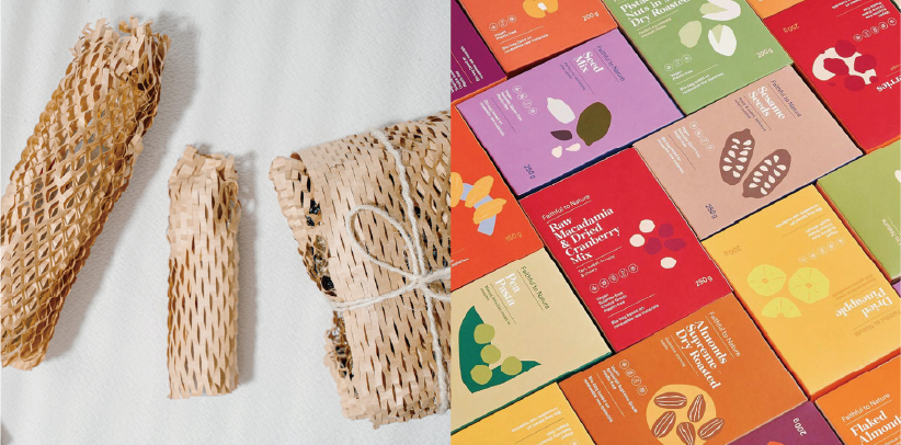 左手邊擺放了三款用圓筒形蜂巢紙包裝好的產品，而右方則有一張用不同顏色包裝盒填滿的相片。