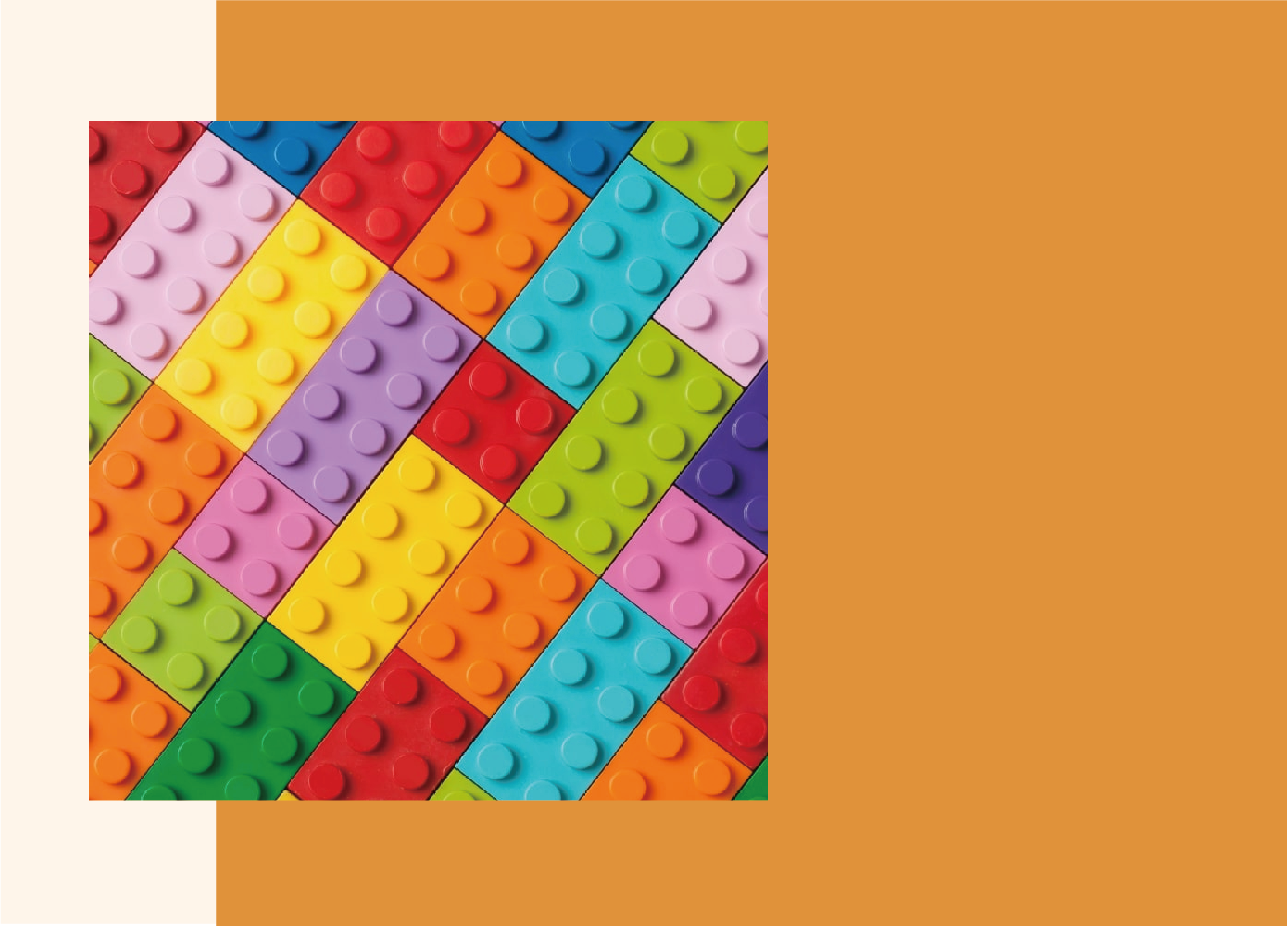 在杏色與橙色的背景下，右邊有一張彩色的LEGO相片。