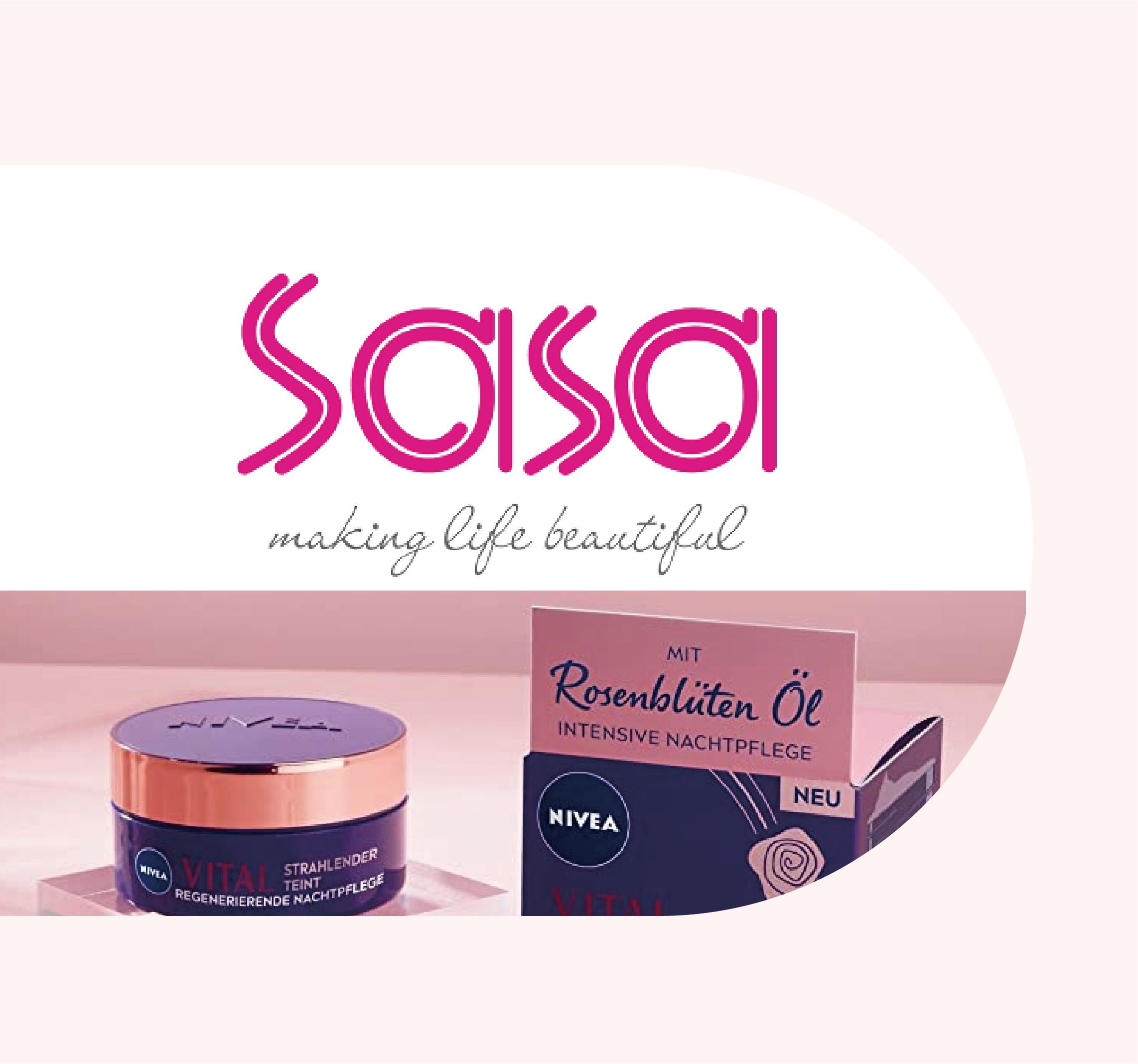 上方是SaSa的Logo，下面是一個產品和產品包裝盒