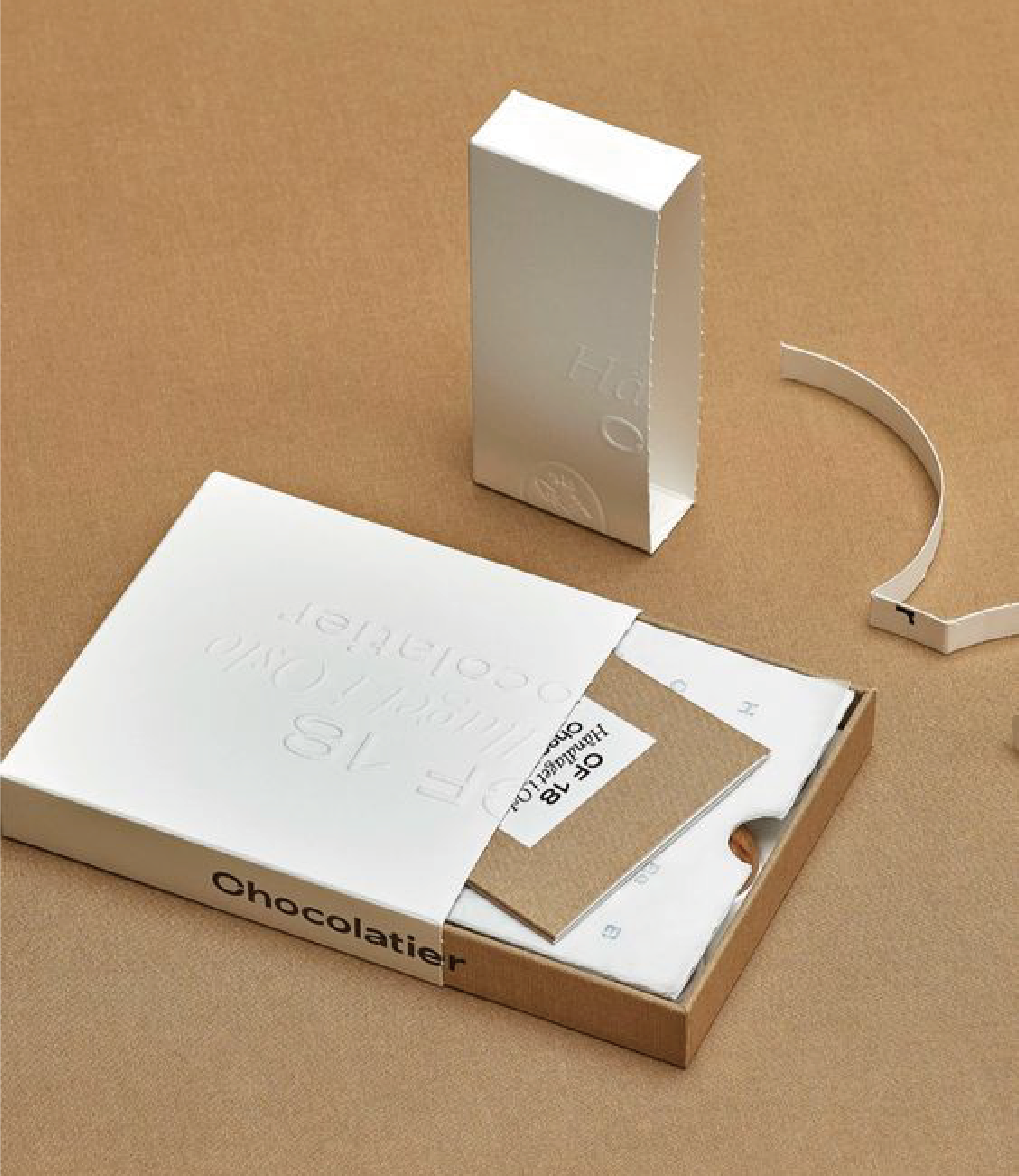 在牛皮紙顏色背景下，擺放了一個已開啟的白色卡紙款式包裝盒。