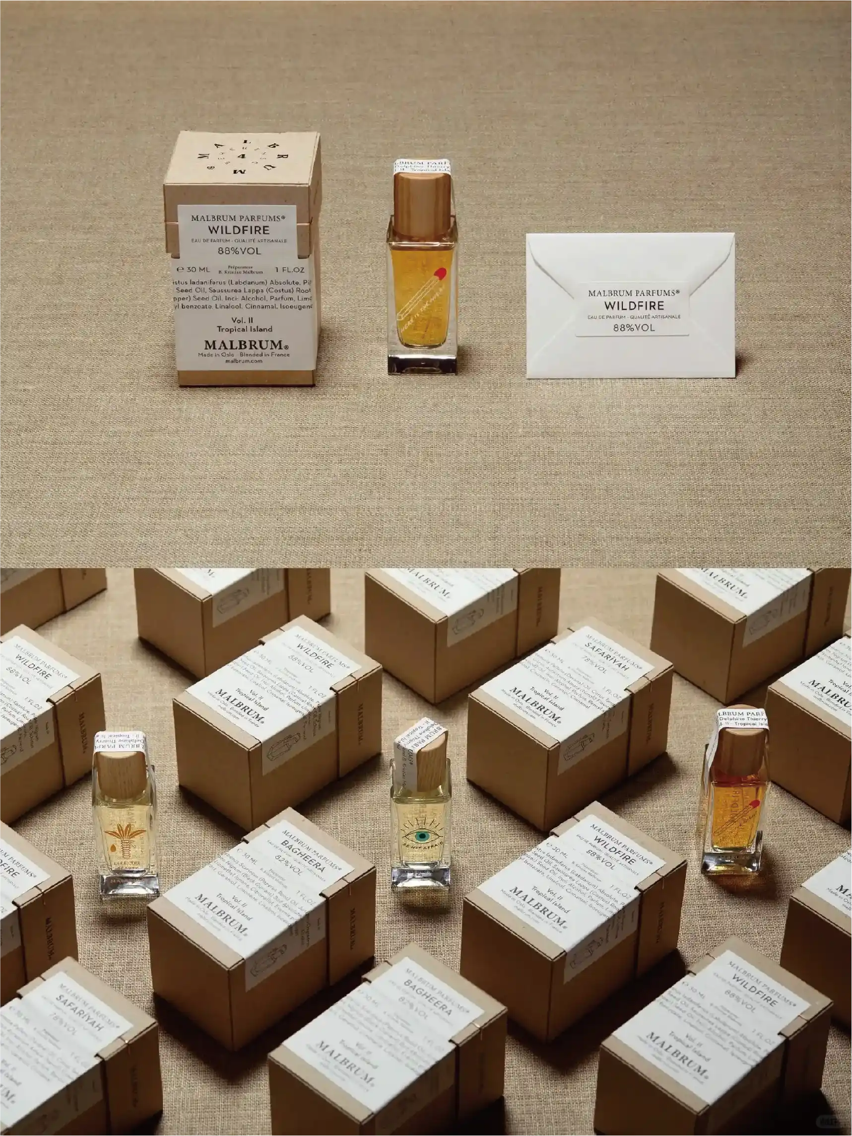 Multiple brown perfume boxes are scattered on a light-coloured background, some of which are open to reveal the bottles of perfume inside, each with the name of the perfume and brand information printed on the box.