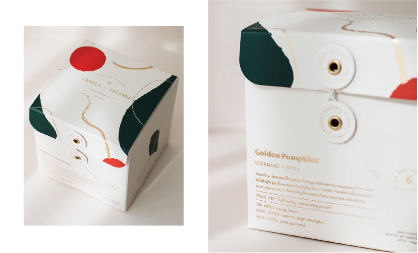 The box features an abstract design in white, red and green with the words "CANDLE & FRIENDS" and "Golden Pumpkin" as well as a description of the fragrance.