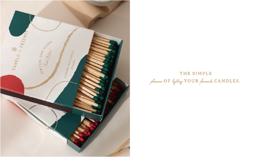 Open matchbox with "CANDLE & FRIENDS" and gold decorative lines, with text that reads "THE SIMPLE pleasure of lighting your favourite CANDLES. "