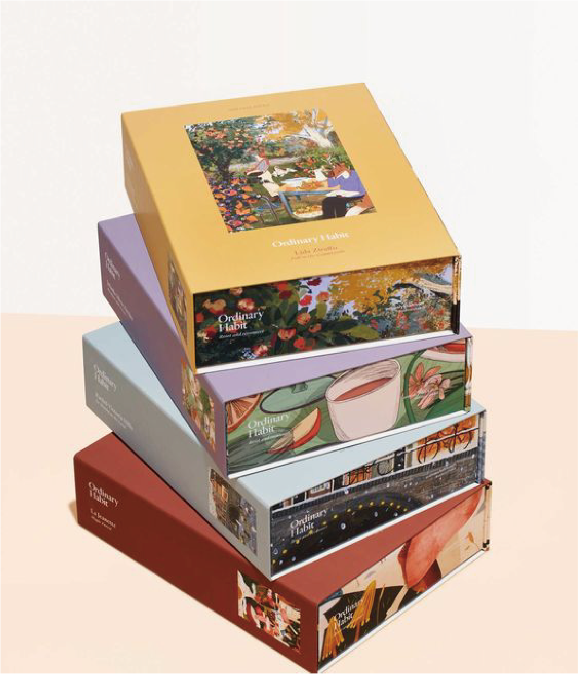 The image shows 4 different coloured boxes stacked together, each with an artwork on the top and the 'Ordinary Habit' brand logo.