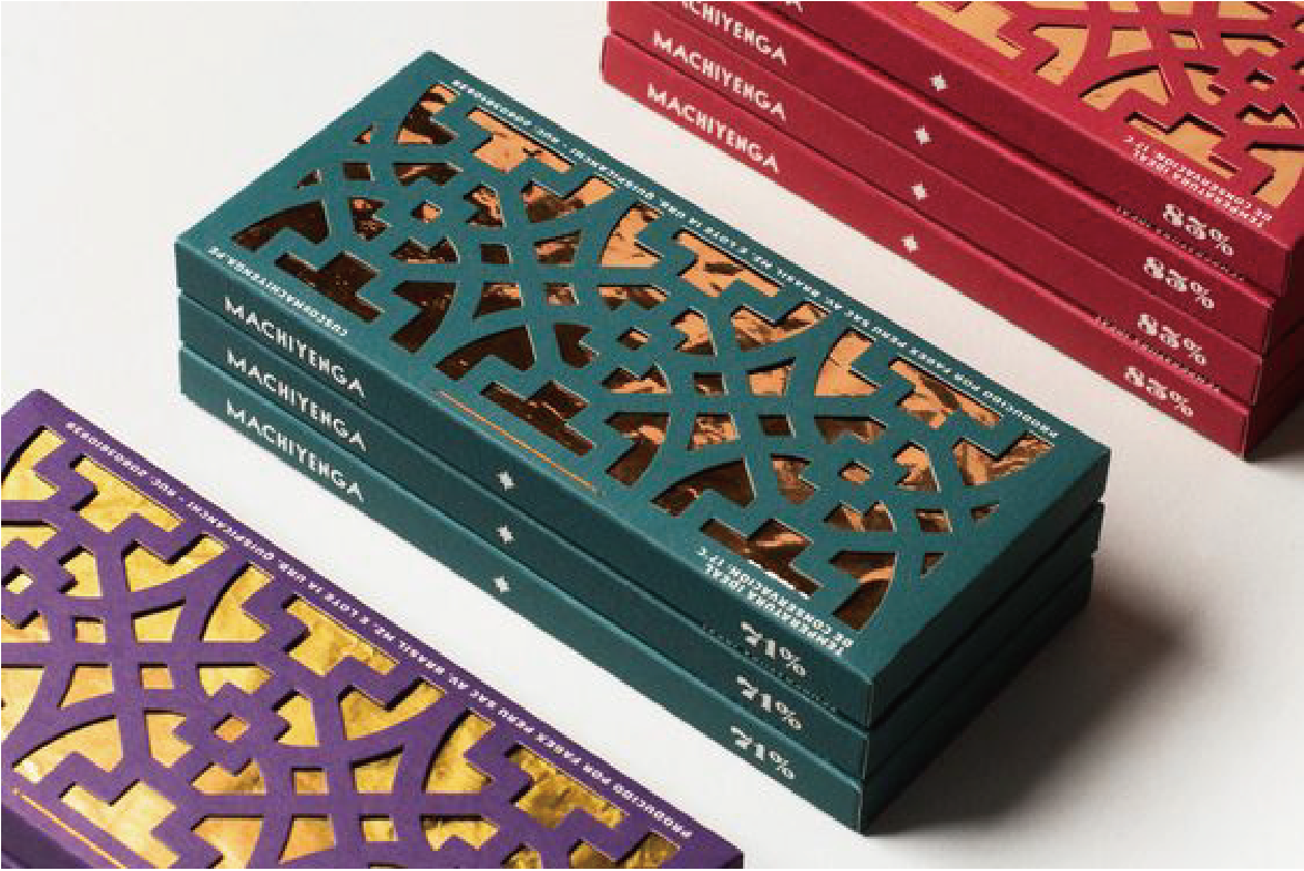 A set of three different coloured boxes, turquoise blue, red and purple, each with a geometric openwork design that allows you to see the product inside. Each box has an openwork design with a geometric pattern that allows you to see the product inside. The word "MACHIYENGA" is printed on the side of the box.