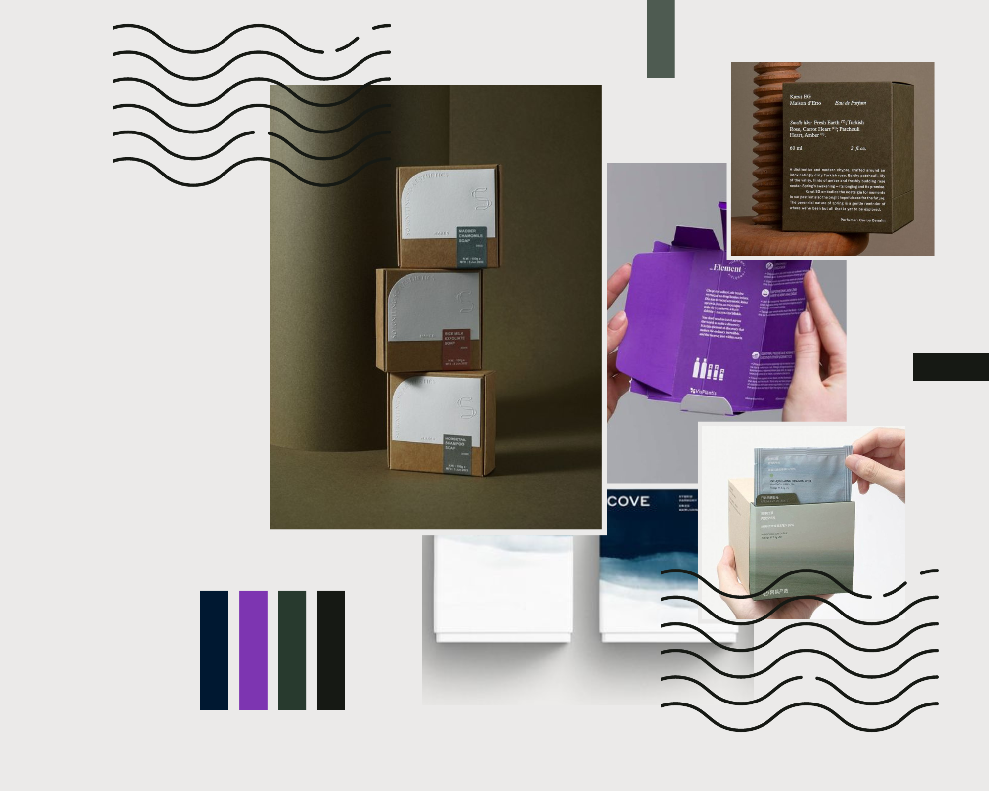 A variety of uniquely designed cosmetic boxes showcasing stacking and hand-held spreading details to project a professional image of the company.