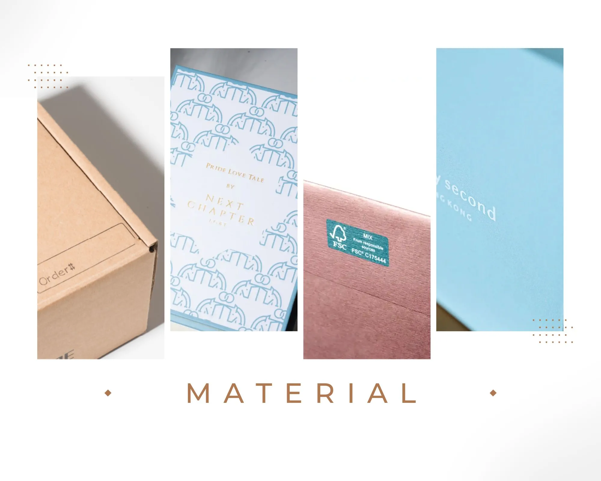 A selection of packaging materials are on display, including a brown cardboard box on the left, a design paper with blue and white pictograms in the centre, and a pink metallic paper on the right.