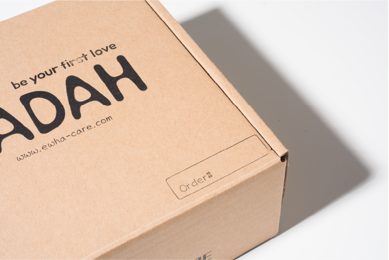A carton box with the 'ADAH' brand logo and website information printed on the top.