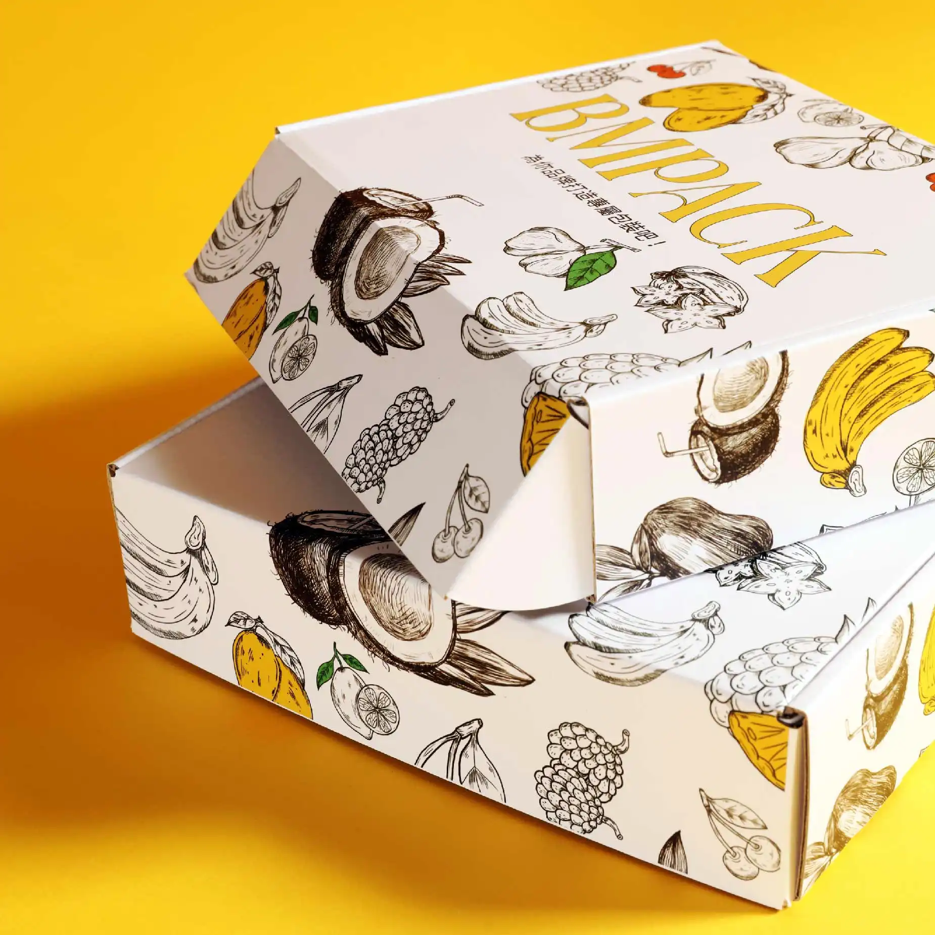 A full colour mailer box with hand-drawn illustrations of various fruits and vegetables and the brand name 'BINPACK' in yellow. The background is a bright yellow colour, contrasting with the illustrations on the box.