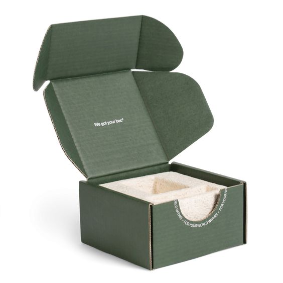This is an open green corrugated cardboard box lined with a single layer of white kraft paper which shows the corrugated pattern. The inner lid of the box is printed in white. The box is made of white kraft paper printed on both sides.