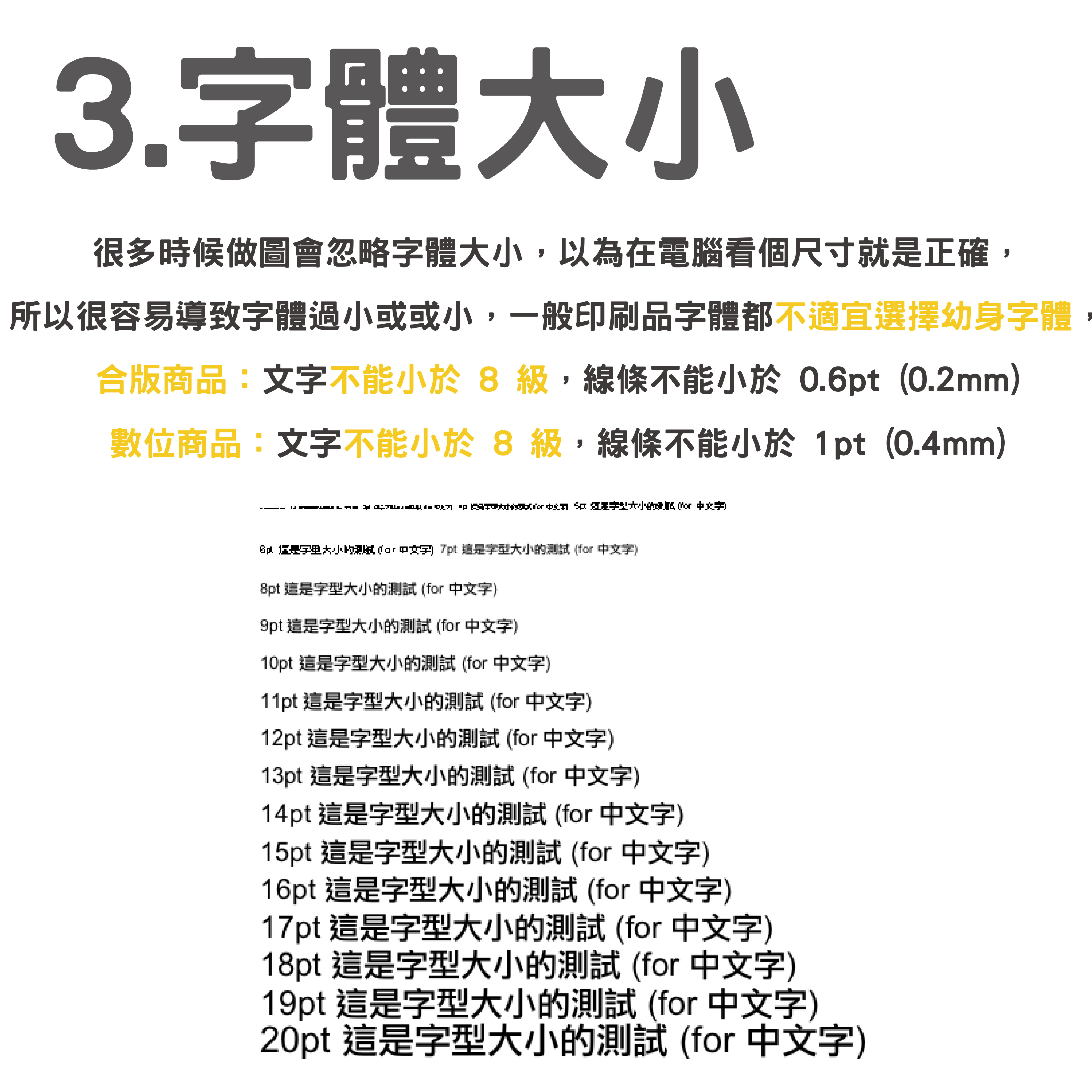 A guide to the largest and smallest fonts, showing examples of printed fonts of different thicknesses, from 8 to 20 point sizes.