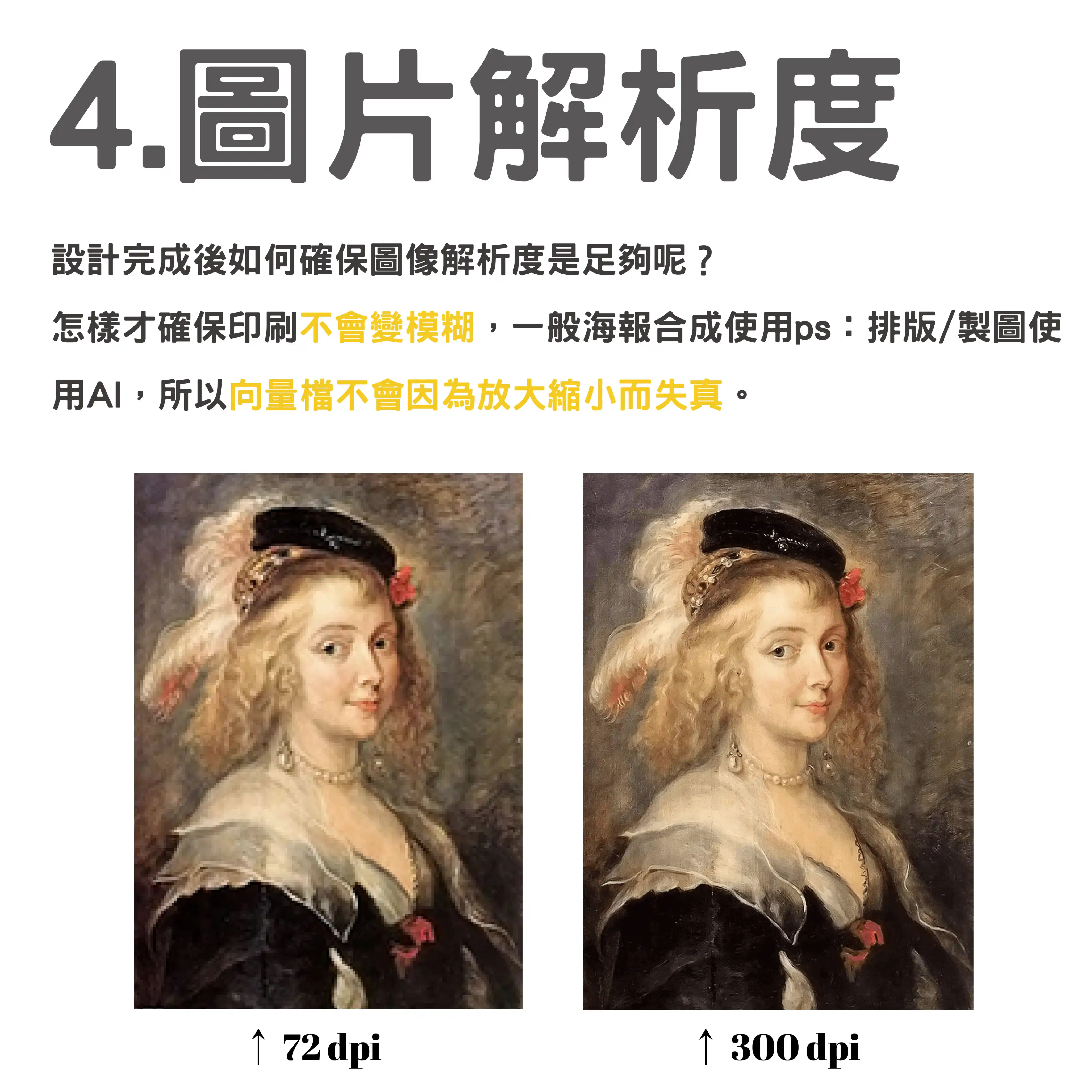 Comparison of image resolution, showing the effect of the same picture at 72dpi and 300dpi.