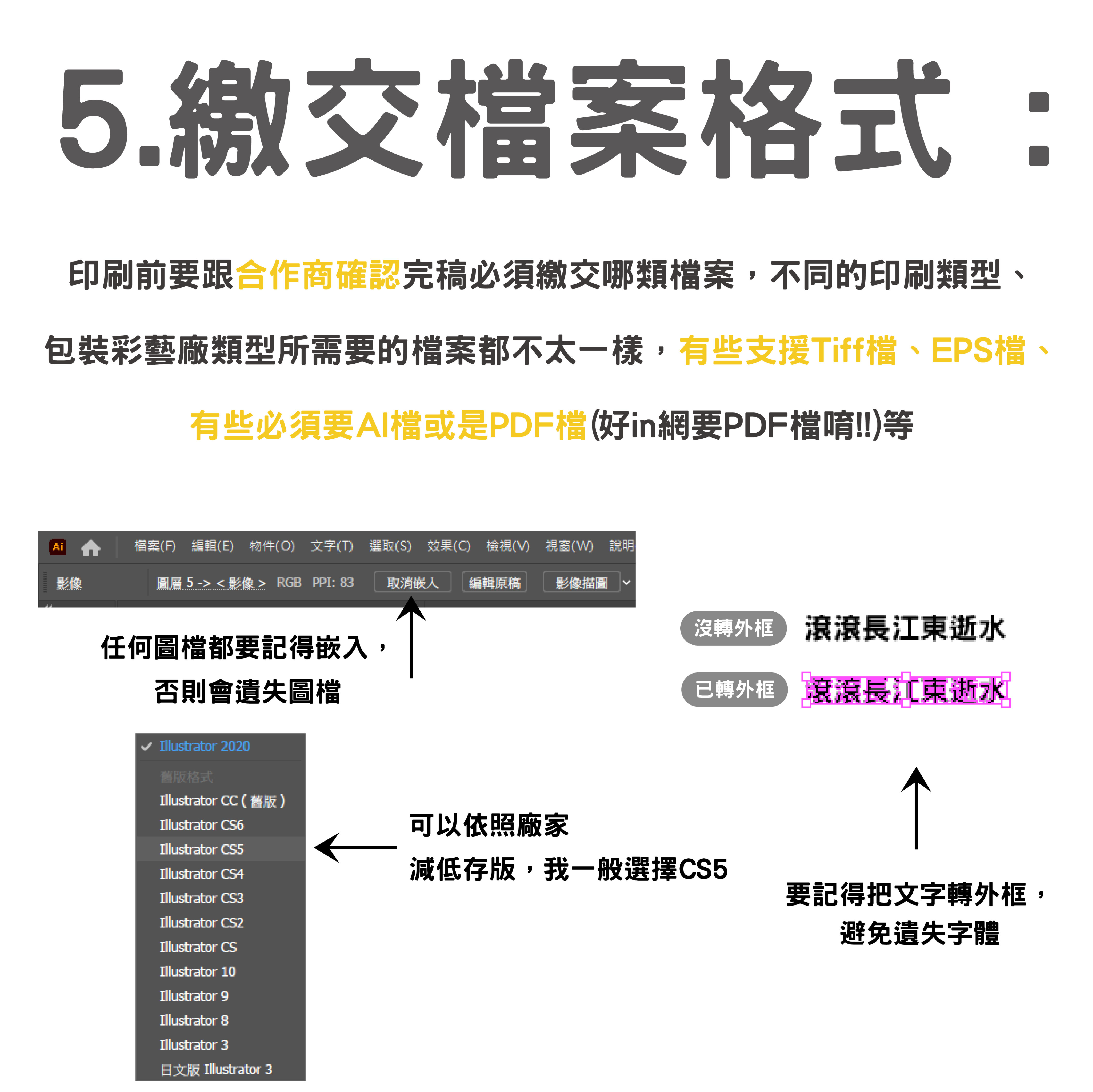 Print design tutorial guide showing how to set up and save to appropriate file formats such as PDF and EPS in the software, with instruction arrows and step-by-step instructions.