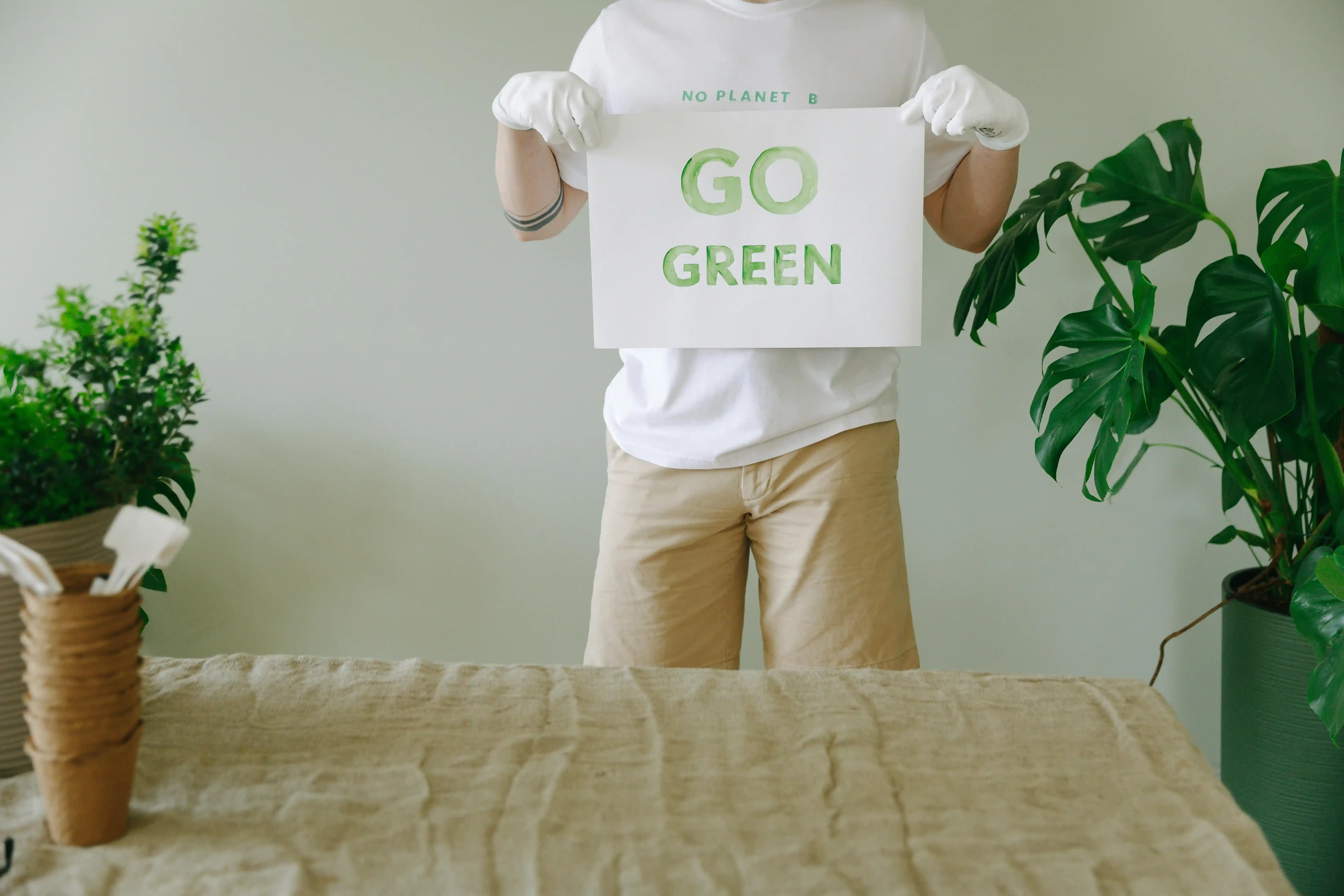 The character is holding a "GO GREEN" placard to emphasise the message of irreplaceable earth, with green plants in the background, echoing the theme of eco-packaging.