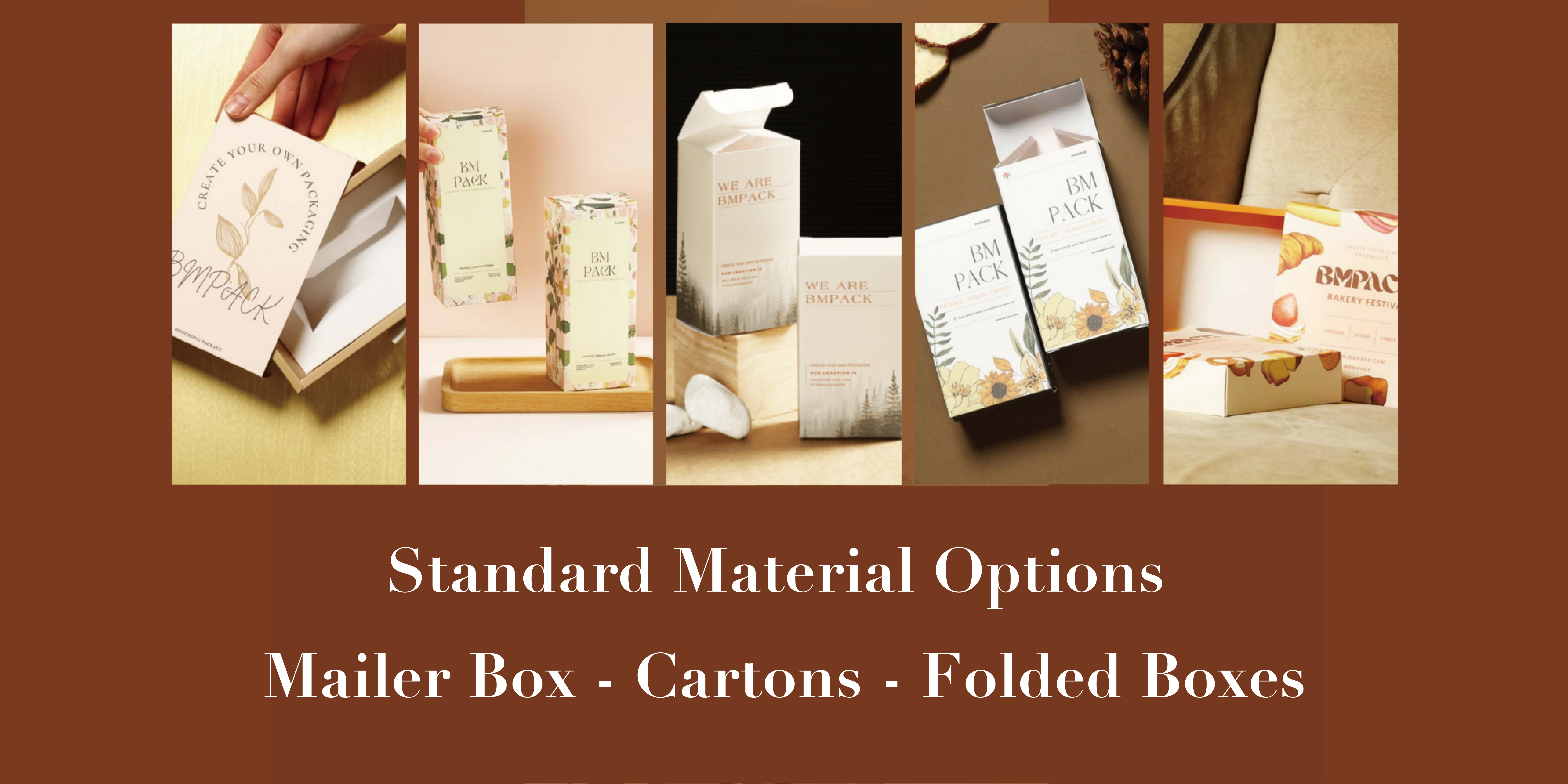 The BMpack brand's packaging product range showcases a variety of design styles, including plants, bread and other thematic motifs, against a warm earthy background that emphasises customisation and eco-friendliness.