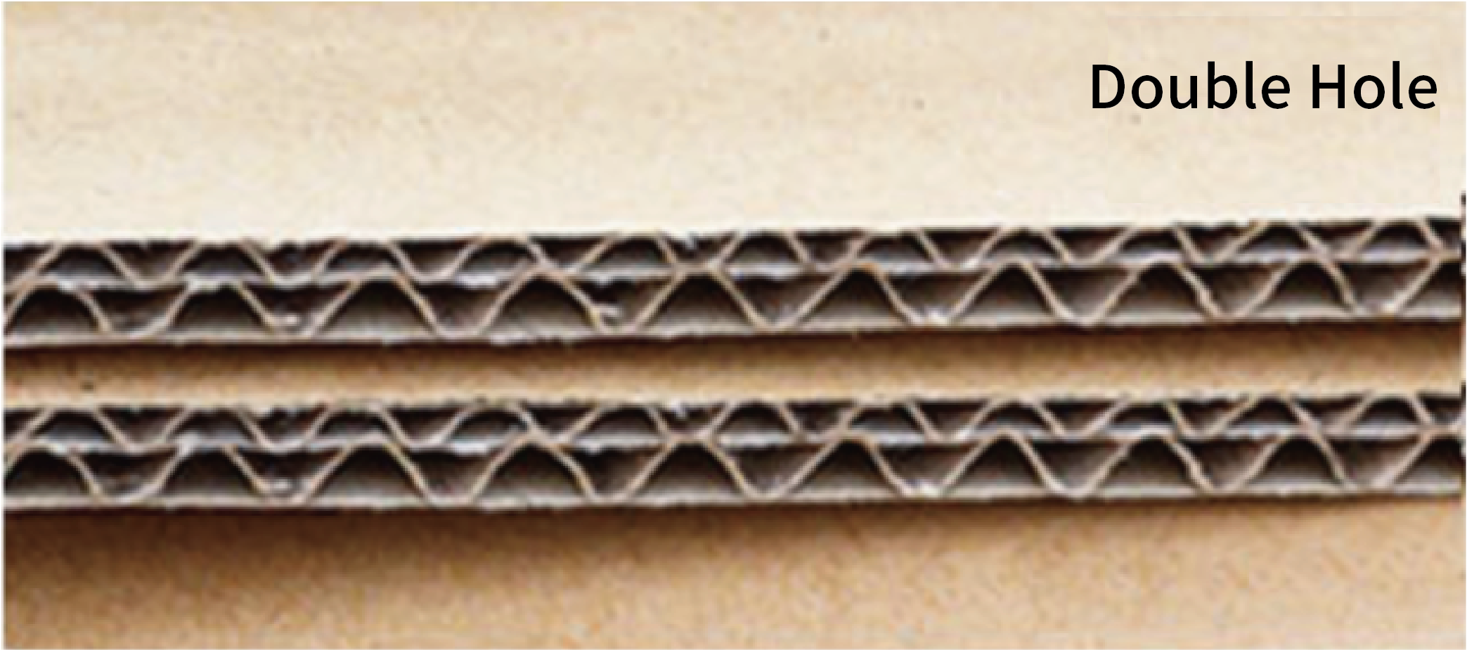 A close-up of a cross-section of double-layer corrugated cardboard showing two layers of corrugated structure sandwiched between three layers of flat cardboard. Providing greater compression resistance and durability, it is suitable for packaging heavier and fragile items to ensure safety during long-distance transport.