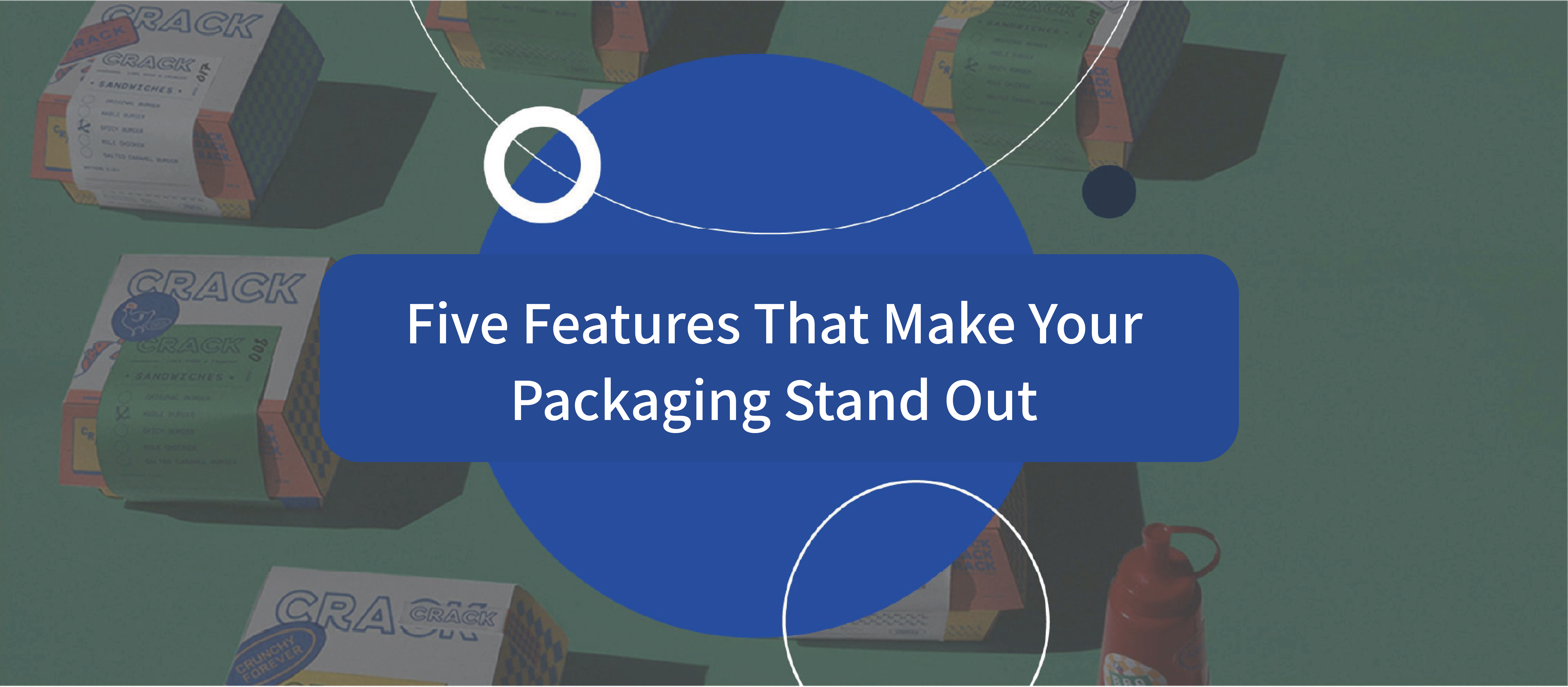 寫有"不可不知道的5個特點讓你的包裝突圍而出"的橫額，而背景則有不同的包裝盒作為點綴。